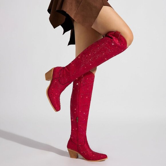 Women's Red Rhinestone Sparkly Over Knee Pointed Toe Chunky High Heel Boots - Picture 7 of 7